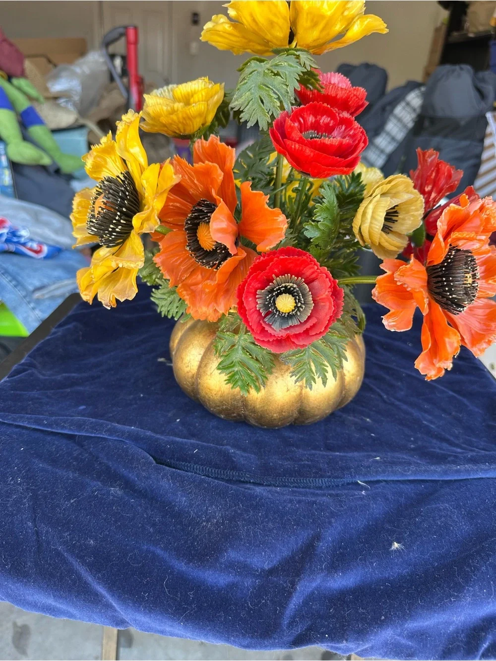 Vintage Artificial Poppy Floral Arrangement in Red, Orange & Yellow